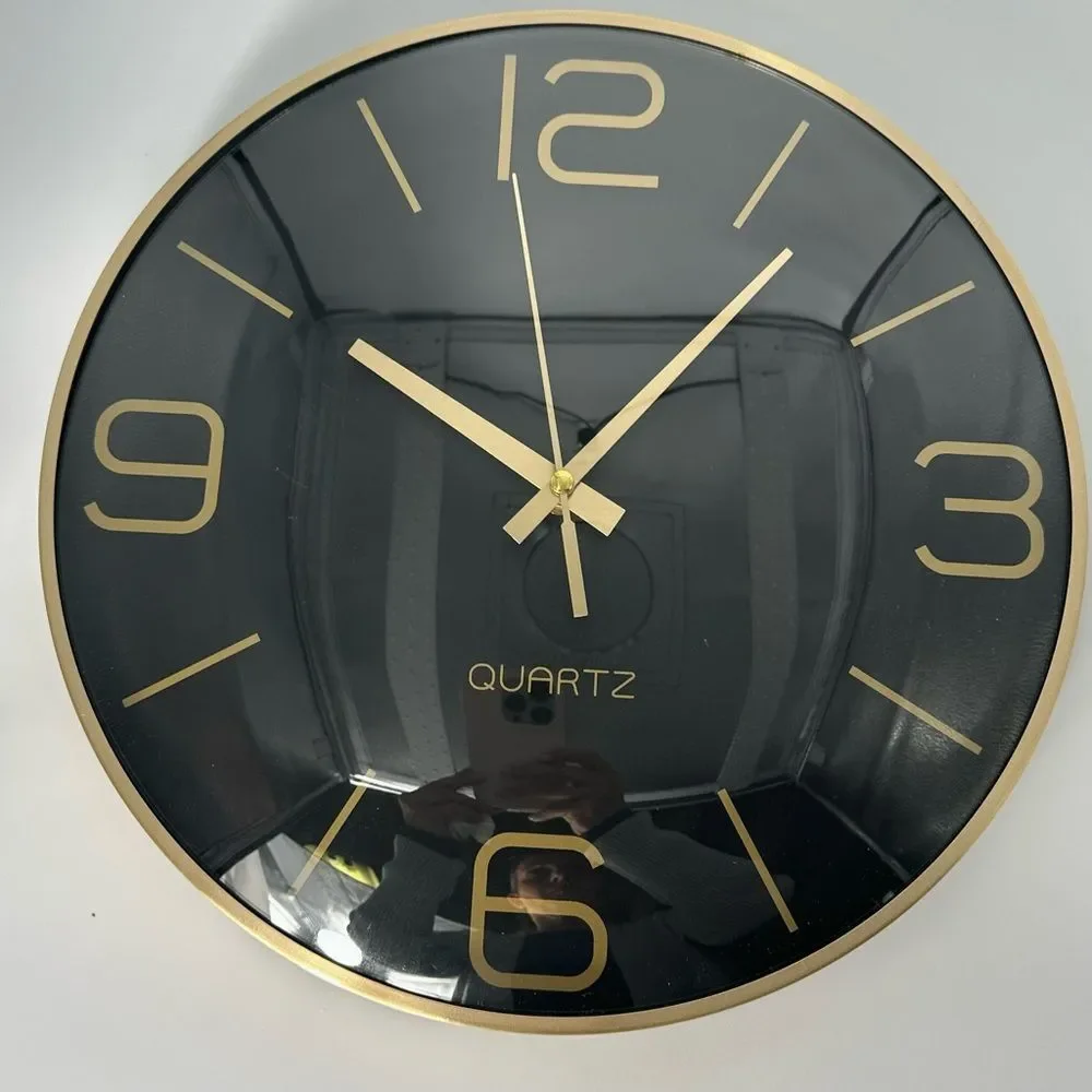 NIB Modern Black & Gold Quartz Wall Clock 12” Round Sleek Contemporary Decor